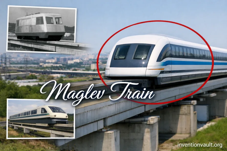 A maglev train floats above the track using magnetic levitation technology, symbolizing invention.