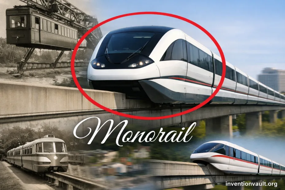 A modern monorail train shows the invention of single-beam rail transport.