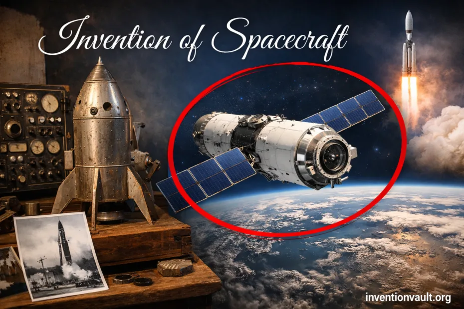 A model spacecraft and a rocket, illustrating the invention of spacecraft and space travel history.