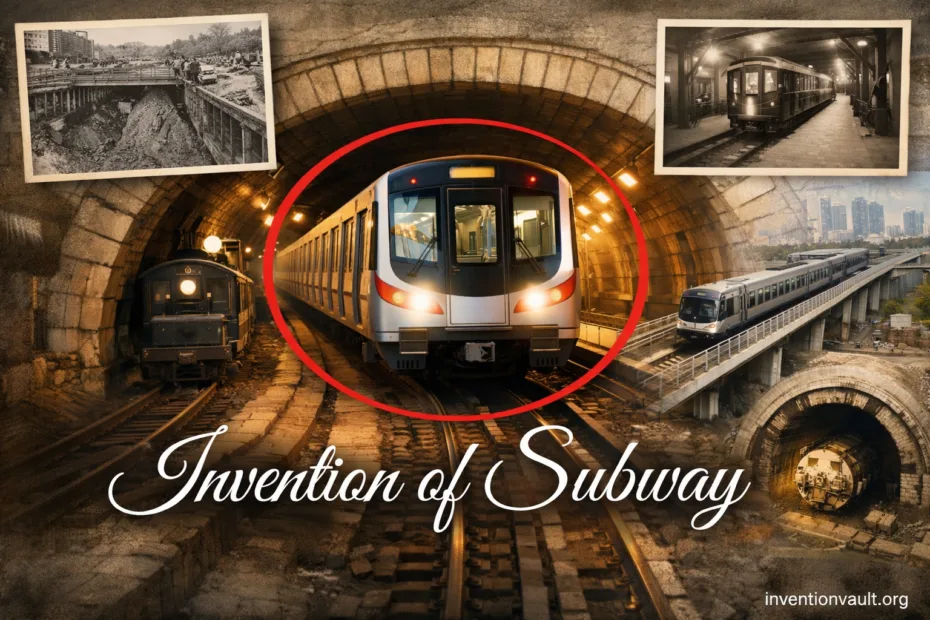 A vintage subway train arriving at a station under London, showcasing the invention of the subway.