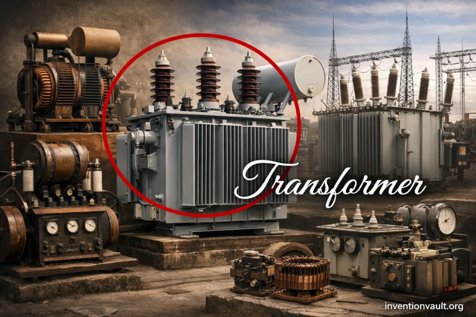 A transformer with electrical coils illustrates the invention of transformer for electrical engineer…