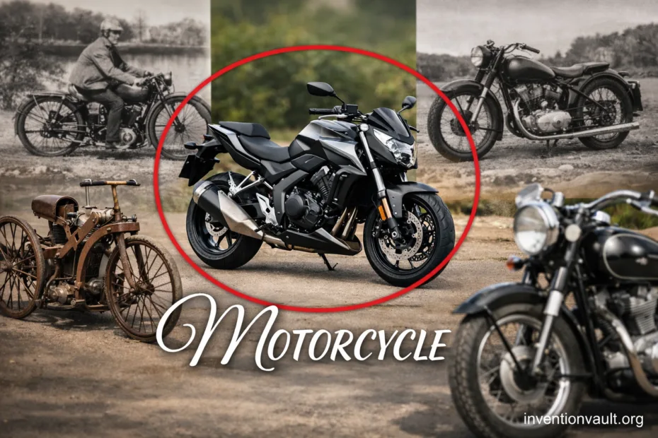A motorcycle with two wheels and a visible engine, showcasing the invention of motorbikes.