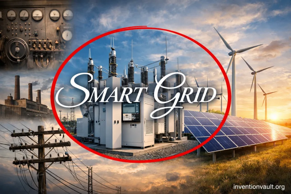 A smart grid invention displays a city skyline with power plants and transmission lines.