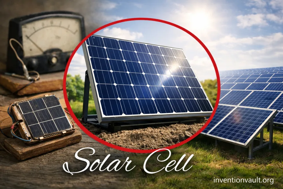 A solar cell device with blue panels harnessing sunlight for electricity invention.
