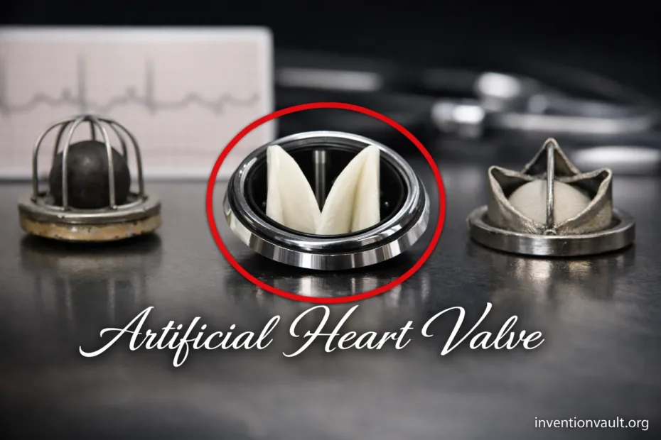 An invention of an artificial heart valve with beige components and metallic fittings.