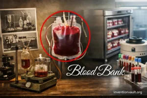 A blood bag with stored blood and a syringe, illustrating the invention of the blood bank.