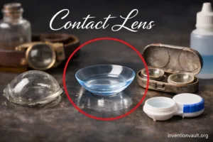 A contact lens invention story shows a clear lens resting on a glass surface, highlighting history.