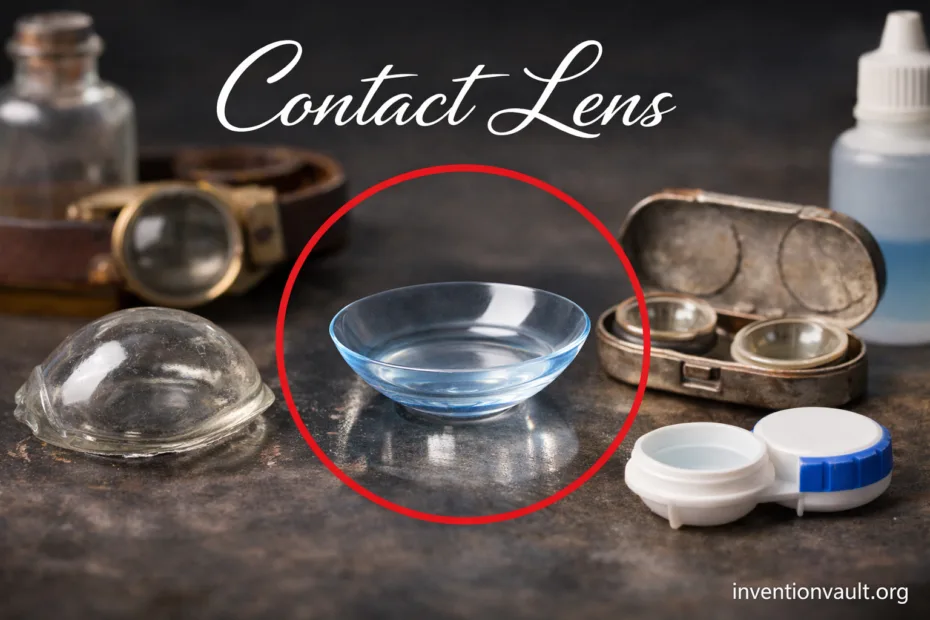 A contact lens invention story shows a clear lens resting on a glass surface, highlighting history.