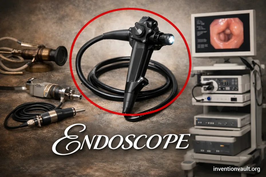 An invention of an endoscope with a flexible tube and camera for internal viewing.