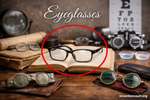 An invention of eyeglasses with black frames and lenses resting on a wooden table.