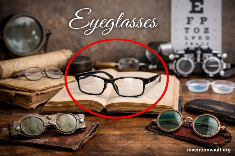An invention of eyeglasses with black frames and lenses resting on a wooden table.
