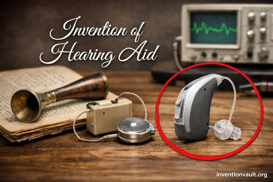 A hearing aid device placed on a wooden surface with a stethoscope nearby, an invention of sound amplification…