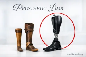 A prosthetic limb invention story with a modern prosthetic leg and a historic wooden boot.