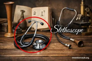 A stethoscope with its invention noted as René Laennec listening to the body.