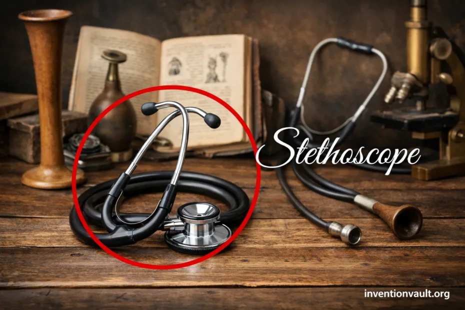 A stethoscope with its invention noted as René Laennec listening to the body.