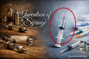 A syringe with a needle and plunger, illustrating the invention of the syringe for controlled fluid delivery.