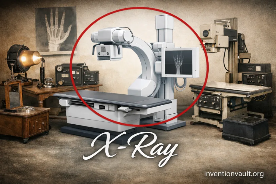 Wilhelm Röntgen's invention of the X-ray machine showing a human hand inside a display with an X-ray image.