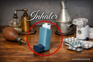An inhaler invention with a blue device on a wooden table, highlighting respiratory medication history.