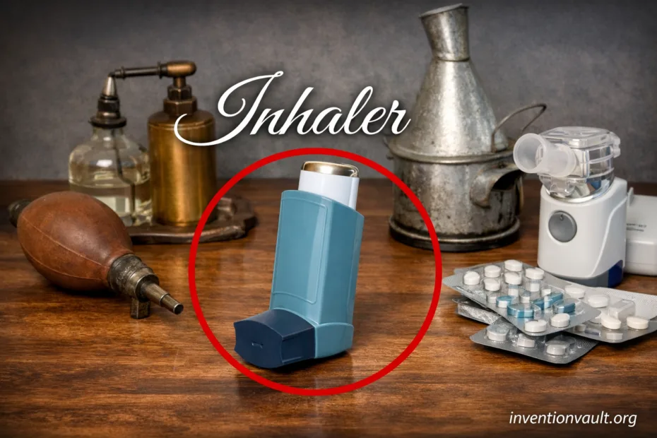 An inhaler invention with a blue device on a wooden table, highlighting respiratory medication history.