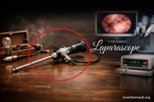 A laparoscope invention with a camera and light on a wooden surface, highlighting minimally invasive surgery.
