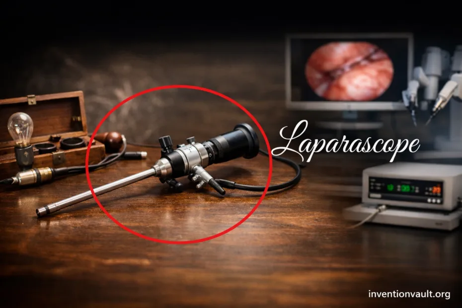 A laparoscope invention with a camera and light on a wooden surface, highlighting minimally invasive surgery.