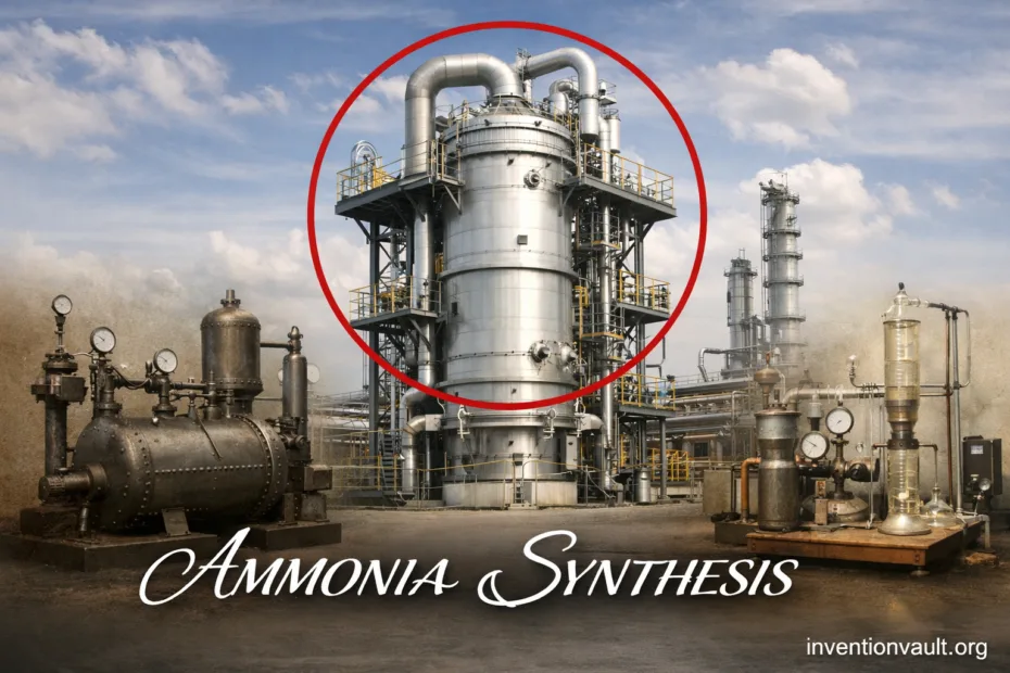 A large industrial reactor used in the invention of ammonia synthesis via the Haber process.
