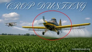 A crop duster aircraft sprays fields, showcasing the invention of aerial crop dusting for efficient farm treatment.