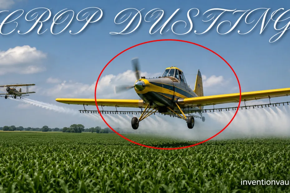 A crop duster aircraft sprays fields, showcasing the invention of aerial crop dusting for efficient farm treatment.