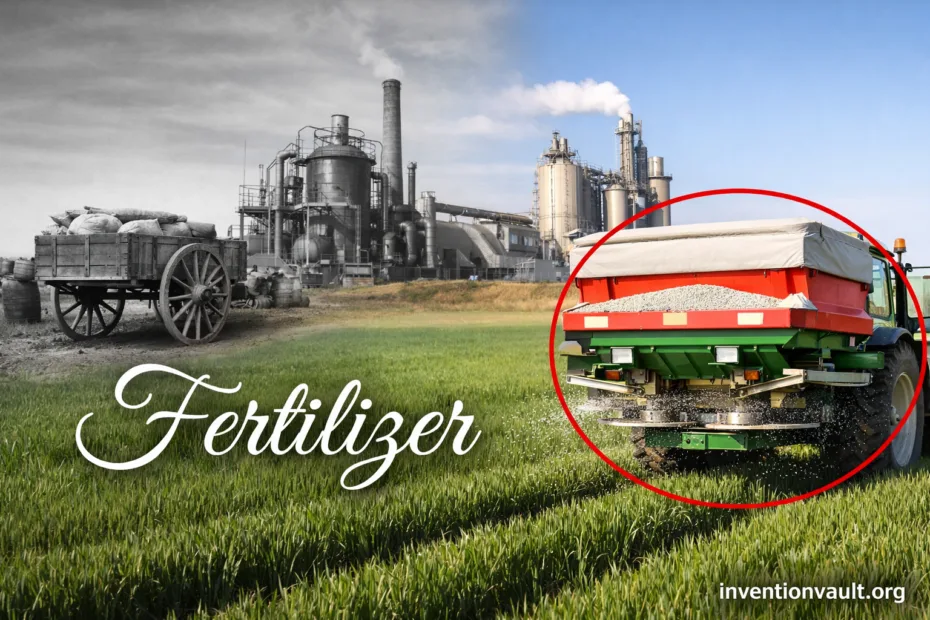 A tractor spreading fertilizer on green fields, showcasing the invention of fertilizer for soil enrichment.