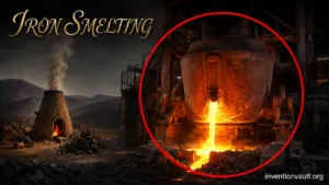 An ancient iron smelting furnace showcasing the process of producing iron from ore in early human innovations.
