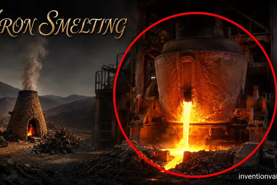 An ancient iron smelting furnace showcasing the process of producing iron from ore in early human innovations.