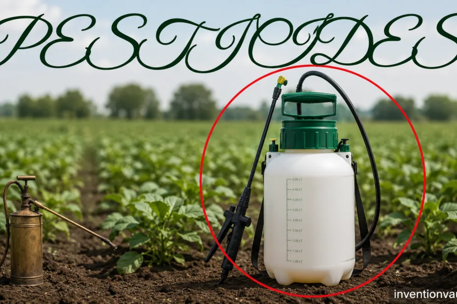 A farmer using a pesticide sprayer to protect crops in a field.
