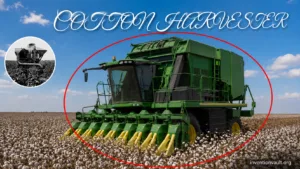 A modern cotton harvester in action, showcasing the mechanized process of efficient cotton picking in agriculture.