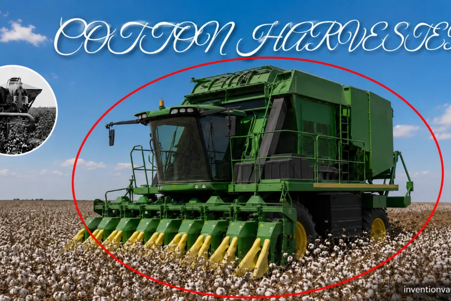 A modern cotton harvester in action, showcasing the mechanized process of efficient cotton picking in agriculture.