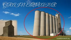 An invention of the grain elevator revolutionizes grain storage and handling systems with towering silos.