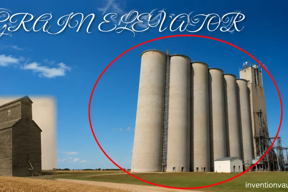 An invention of the grain elevator revolutionizes grain storage and handling systems with towering silos.