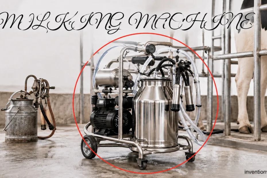 A historic milking machine revolutionizing dairy farms with automated milking technology for efficient milk production.