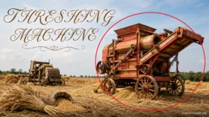 A threshing machine separating grain from straw in a historic farming scene.