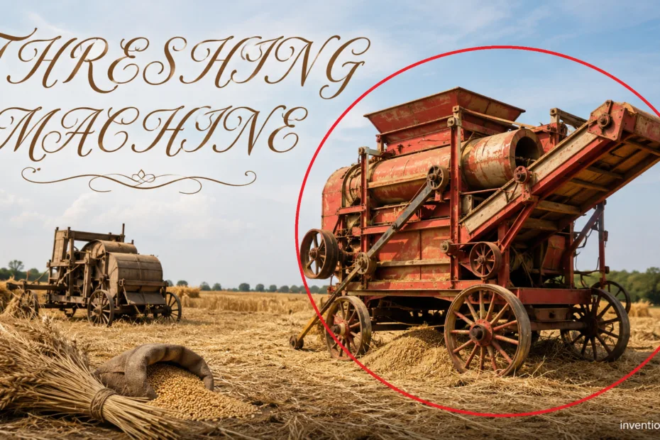 A threshing machine separating grain from straw in a historic farming scene.