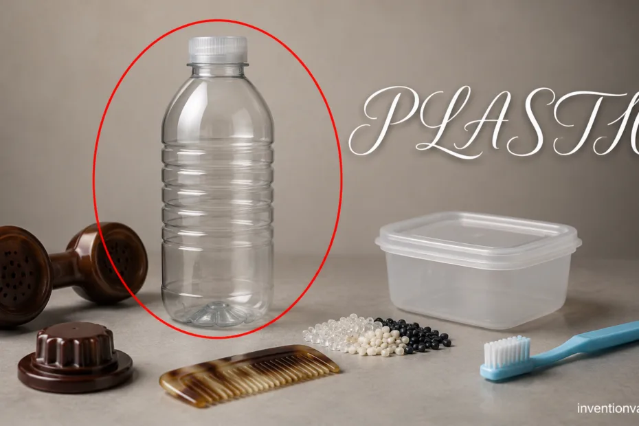 A plastic bottle in a workspace with various plastic items, showcasing the versatility of plastic materials.