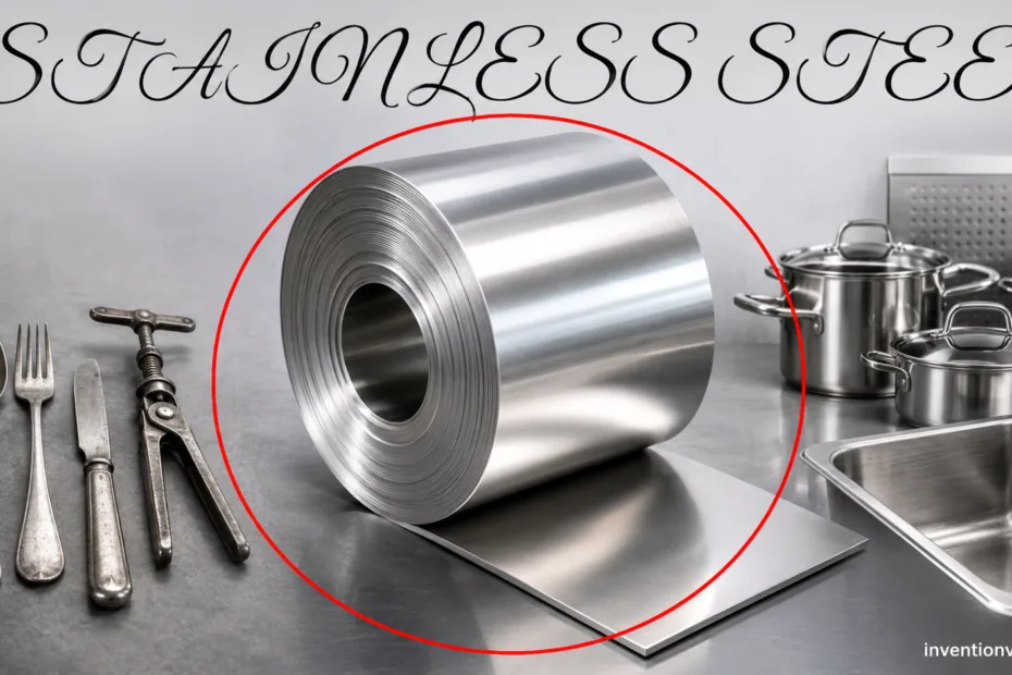 Sharp image of stainless steel roll used in manufacturing that was invented by Harry Brearley in 1913.