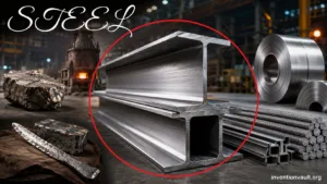 Industrial steel beams showcased in a factory setting, highlighting the invention's role in construction and manufacturing advance…