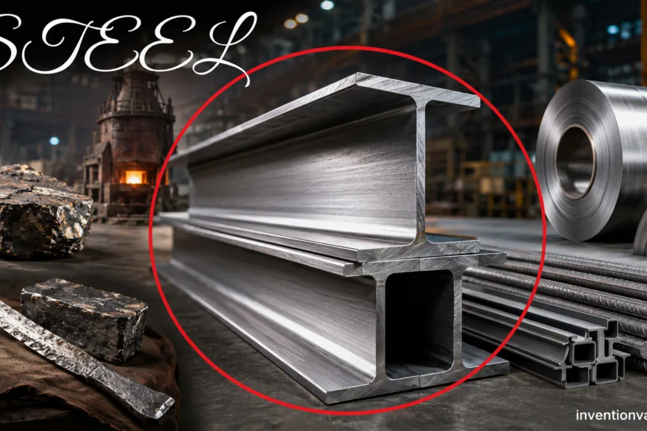Industrial steel beams showcased in a factory setting, highlighting the invention's role in construction and manufacturing advance…