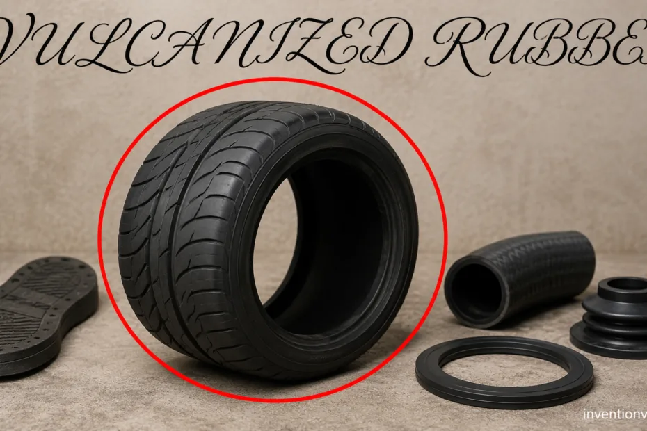 Invention of vulcanized rubber showcases durable, flexible tires used in modern transportation.