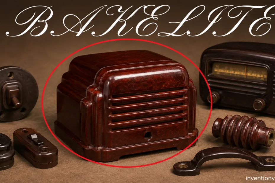 Vintage Bakelite radio and accessories showcasing the earliest synthetic plastic invention by Leo Baekeland.