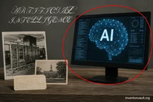 Vintage computer monitor displaying a digital brain with AI text, representing the invention of artificial intelligence.