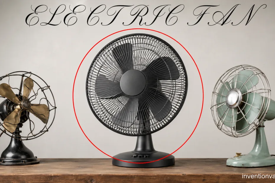 Invention of electric fan demonstrating simple air circulation for cooling and ventilation.