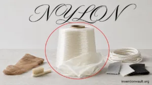 Close-up of an invention showcasing nylon thread wound on a spool as a groundbreaking synthetic fiber.