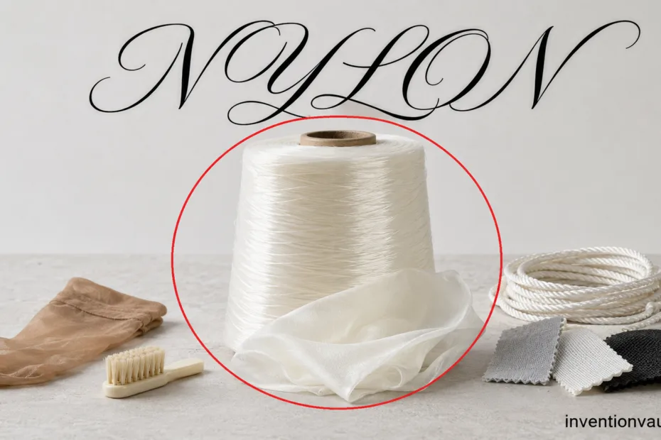 Close-up of an invention showcasing nylon thread wound on a spool as a groundbreaking synthetic fiber.