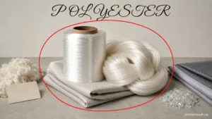 Historical invention of polyester with spools of white yarn and fabric showcasing early chemical development in 1941.